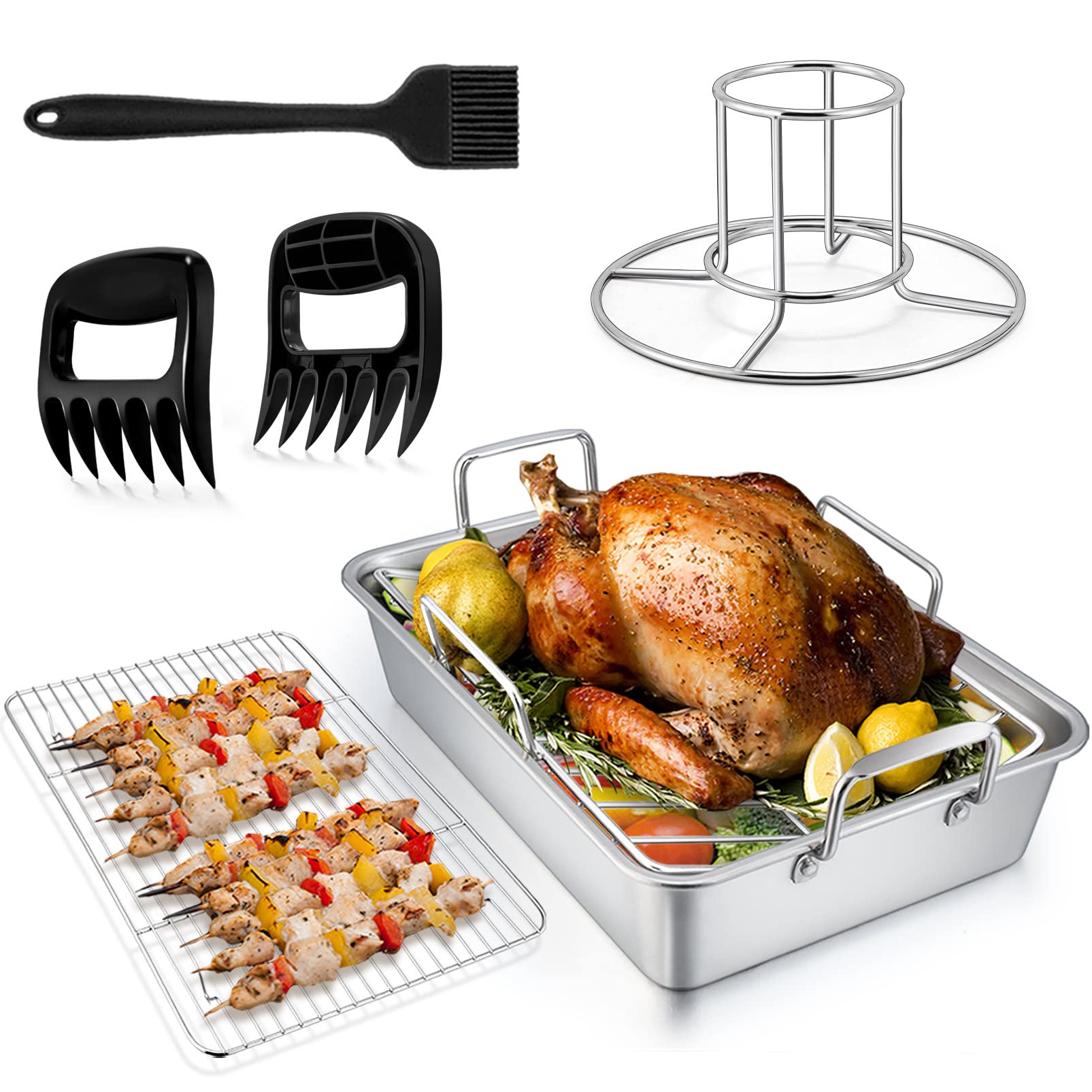 TeamFar Roasting Pan, 14 In Stainless Steel Turkey Roaster Pan with Cooling Rack & V Rack, Beer Can Chicken Holder/Meat Claws/Brush, Healthy & Dishwasher Safe, Set of 7