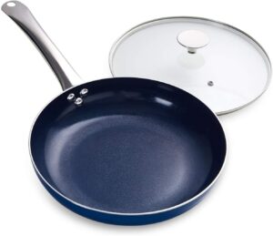 michelangelo 8 inch frying pan nonstick, small frying pan with lid, omelet pan nonstick with ceramic coating, nonstick pan with lid, ceramic frying pan with glass lid, blue