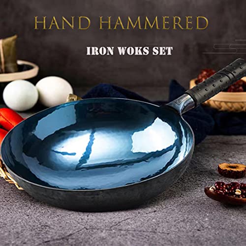 shuoguoleilei Chinese Hand Hammered Iron Woks Set, Non-stick No Coating Preseasoned Wok Blue Round Bottom Wok Pan For Electric, Induction and Gas Stoves （Blue Black-14）