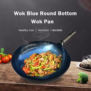 shuoguoleilei Chinese Hand Hammered Iron Woks Set, Non-stick No Coating Preseasoned Wok Blue Round Bottom Wok Pan For Electric, Induction and Gas Stoves （Blue Black-14）