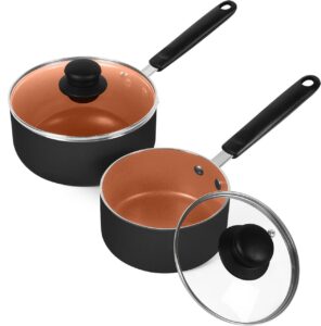 clover supply co. nonstick saucepan set with lids pots - multipurpose use for home kitchen or restaurant - glass lids - 1 quart and 2 quart, copper
