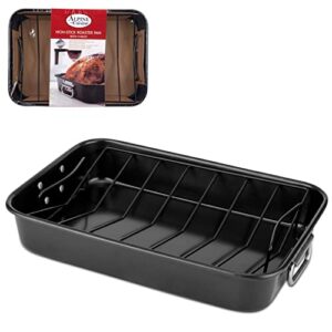 alpine cuisine turkey roaster pan with rack 16-inch - nonstick coating carbon steel pan - black & heavy duty roasting pan - easy to clean, multipurpose use - durable & dishwasher safe