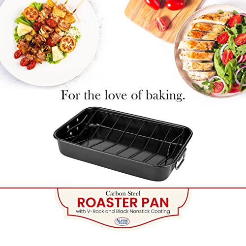 Alpine Cuisine Turkey Roaster Pan with Rack 16-Inch - Nonstick Coating Carbon Steel Pan - Black & Heavy Duty Roasting Pan - Easy to Clean, Multipurpose Use - Durable & Dishwasher Safe