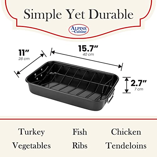 Alpine Cuisine Turkey Roaster Pan with Rack 16-Inch - Nonstick Coating Carbon Steel Pan - Black & Heavy Duty Roasting Pan - Easy to Clean, Multipurpose Use - Durable & Dishwasher Safe