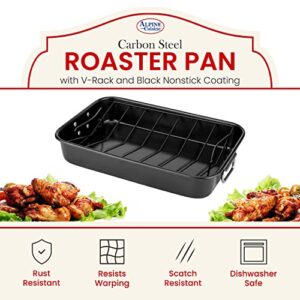 Alpine Cuisine Turkey Roaster Pan with Rack 16-Inch - Nonstick Coating Carbon Steel Pan - Black & Heavy Duty Roasting Pan - Easy to Clean, Multipurpose Use - Durable & Dishwasher Safe