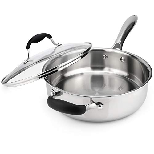 AVACRAFT 18/10 Tri-Ply Stainless Steel Saute Pan with Lid, Helper Handle, Induction Pan, Versatile Stainless Steel Skillet, Sauté Pans in our Pots and Pans cookware (3.5 Quarts)