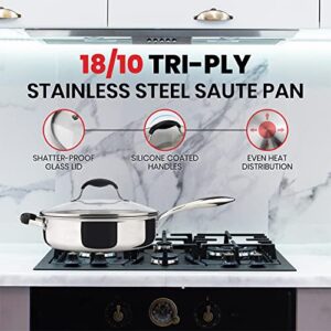 AVACRAFT 18/10 Tri-Ply Stainless Steel Saute Pan with Lid, Helper Handle, Induction Pan, Versatile Stainless Steel Skillet, Sauté Pans in our Pots and Pans cookware (3.5 Quarts)