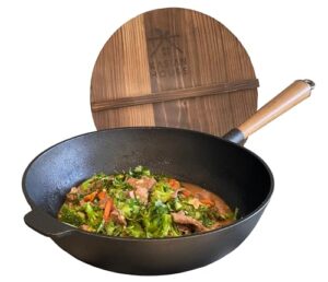 kasian house cast iron wok with wooden handle and lid, pre-seasoned, 12" diameter chinese wok with flat bottom, heavy duty stir fry pan