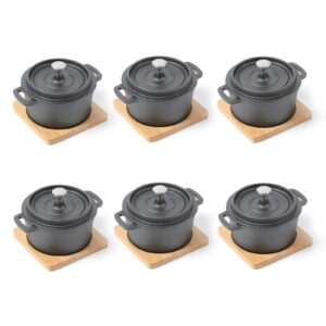 hawok cast iron mini round cocotte set, 0.3qt mini dutch ovens with lids and bamboo trays, 270ml/9.13oz/1.08cups, set of 6, black