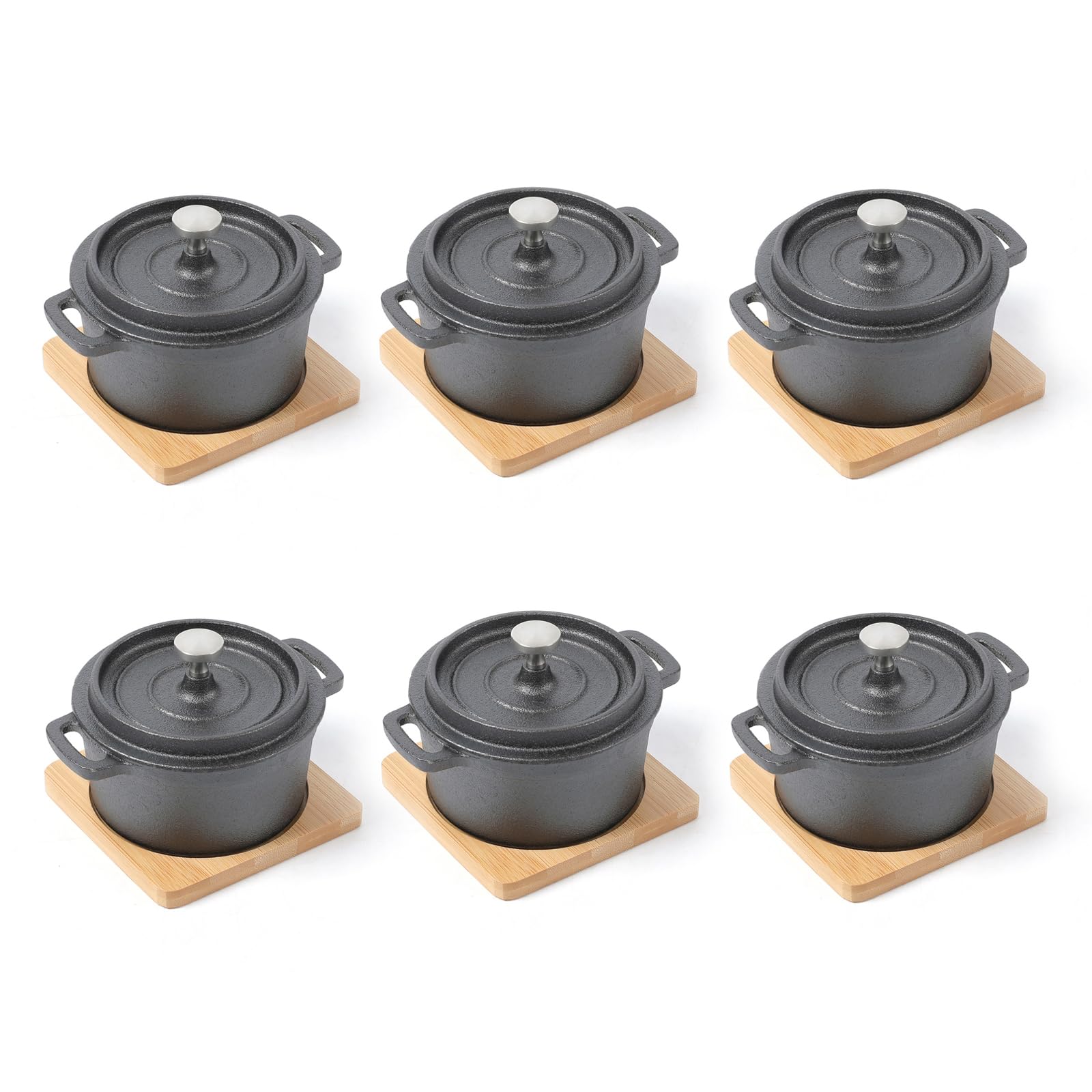 HAWOK Cast Iron Mini Round Cocotte Set, 0.3QT Mini Dutch Ovens with Lids and Bamboo Trays, 270ml/9.13oz/1.08cups, Set of 6, Black