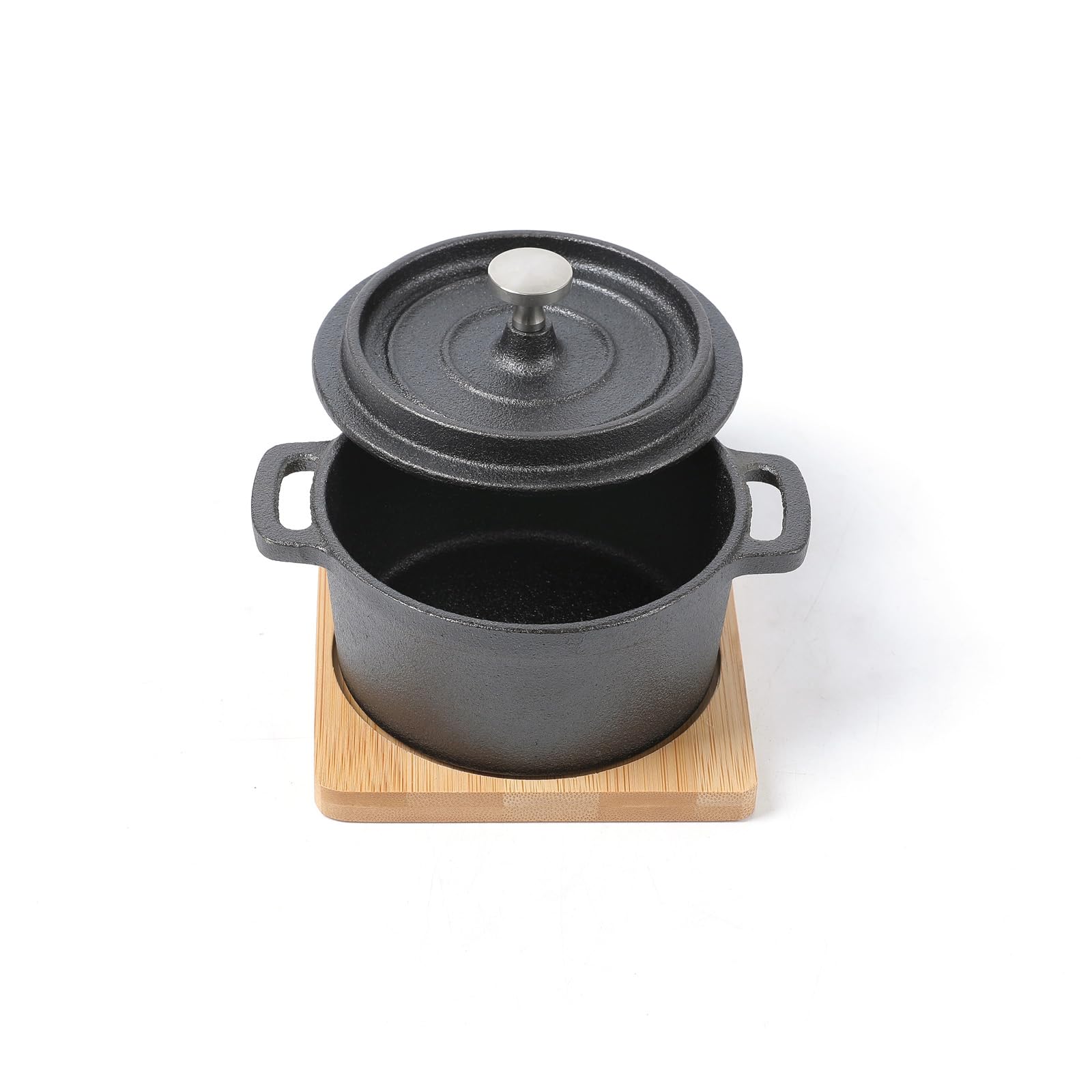 HAWOK Cast Iron Mini Round Cocotte Set, 0.3QT Mini Dutch Ovens with Lids and Bamboo Trays, 270ml/9.13oz/1.08cups, Set of 6, Black