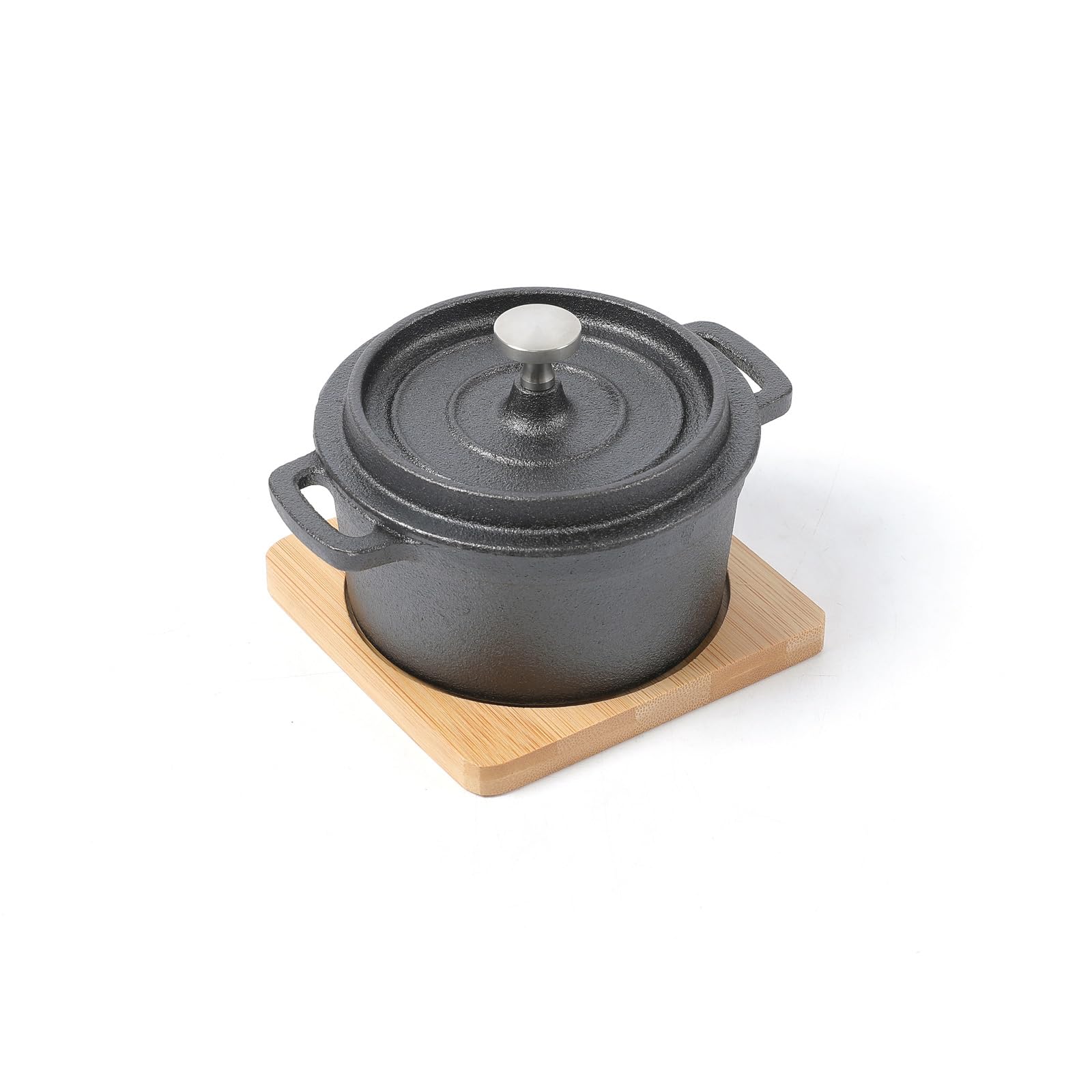 HAWOK Cast Iron Mini Round Cocotte Set, 0.3QT Mini Dutch Ovens with Lids and Bamboo Trays, 270ml/9.13oz/1.08cups, Set of 6, Black