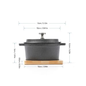 HAWOK Cast Iron Mini Round Cocotte Set, 0.3QT Mini Dutch Ovens with Lids and Bamboo Trays, 270ml/9.13oz/1.08cups, Set of 6, Black