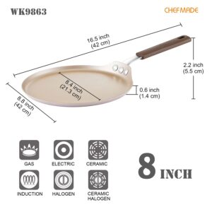 CHEFMADE Crepe Pan with Bamboo Spreader, 8-Inch Non-Stick Pancake Pan with Insulating Silicone Handle for Gas, Induction, Electric Cooker (Champagne Gold)