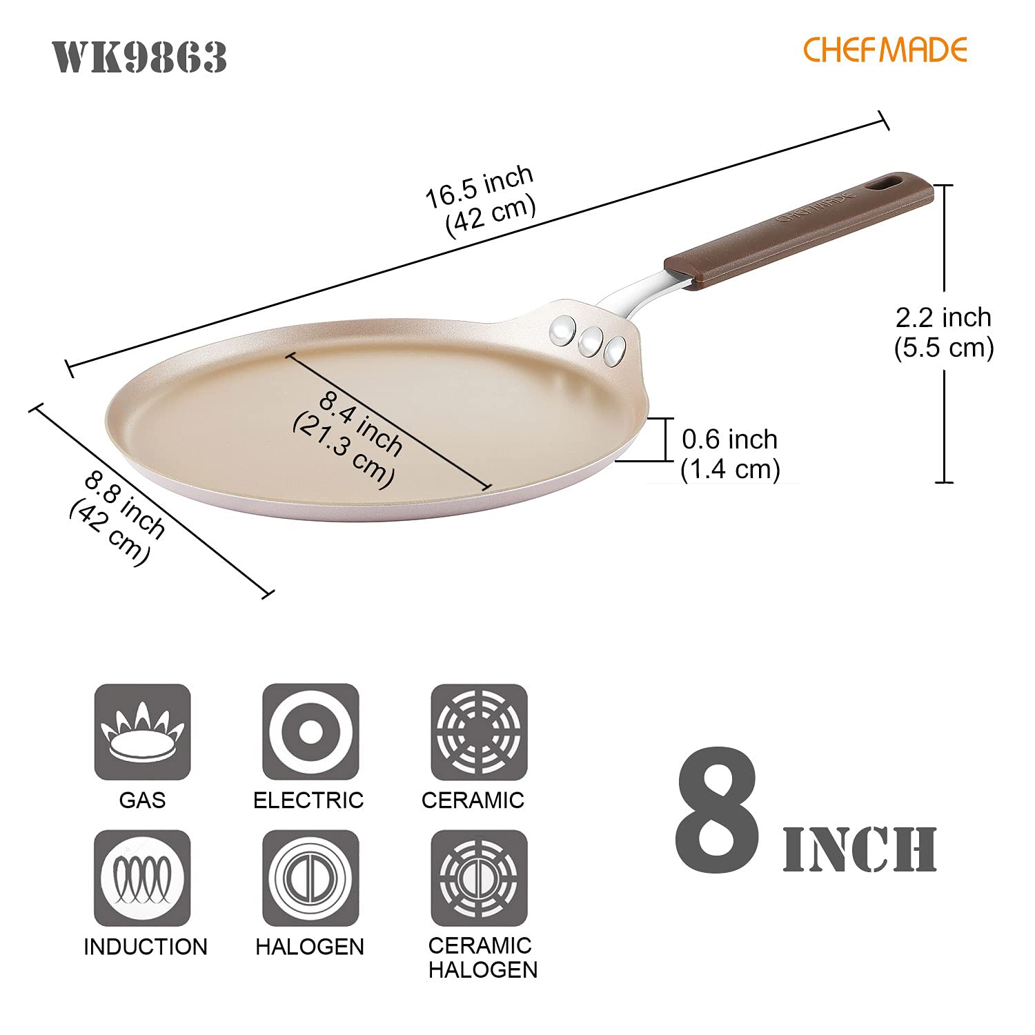 CHEFMADE Crepe Pan with Bamboo Spreader, 8-Inch Non-Stick Pancake Pan with Insulating Silicone Handle for Gas, Induction, Electric Cooker (Champagne Gold)