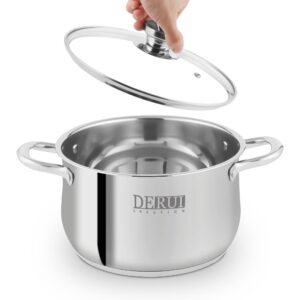 Stock Pots,5 QT Stainless Steel Saucepot with Glass Lid Silver Anti-scalding Handle Stockpot By DERUI CREATION (5QT(9.45”x6.10”), Silver)