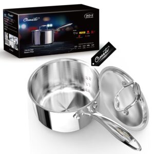 ciwete 2 quart sauce pan with lid, tri ply stainless steel saucepan 2 qt with stainless steel lid, 2 measuring lines, upgraded packaging, cool ergonomic handle, dishwasher & oven safe