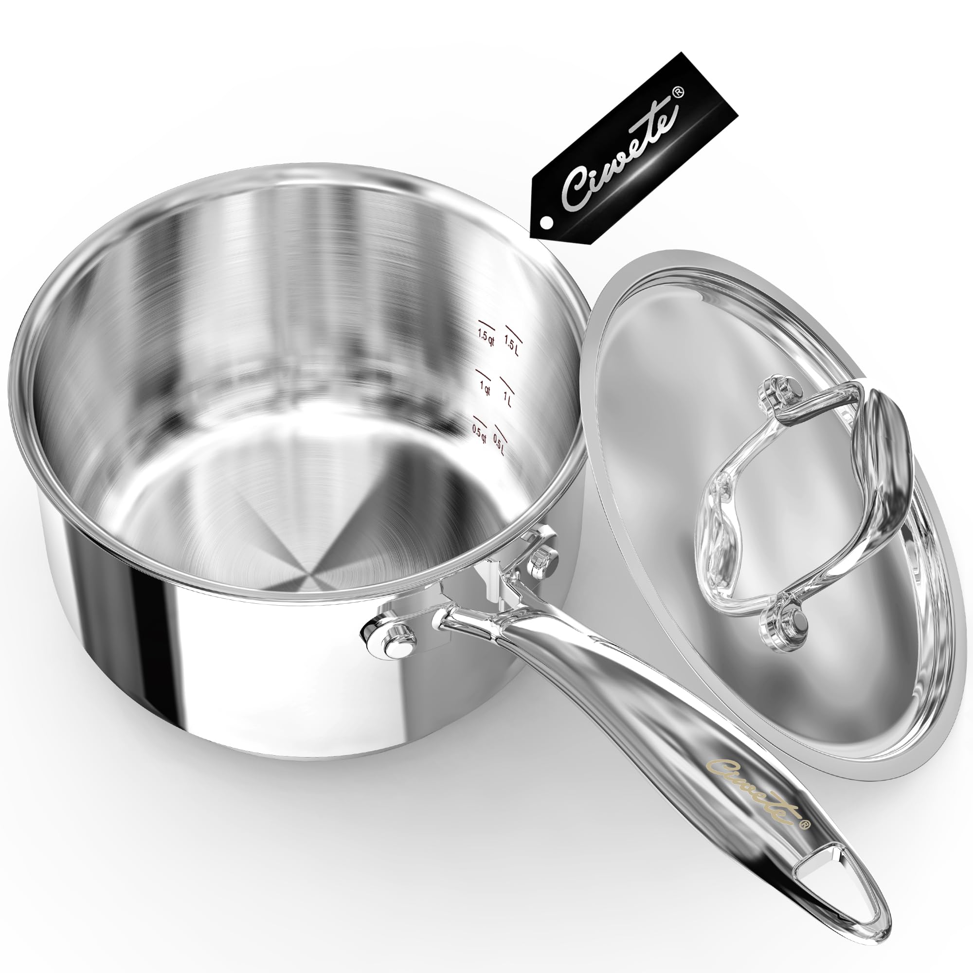 Ciwete 2 Quart Sauce Pan with Lid, Tri Ply Stainless Steel Saucepan 2 Qt with Stainless Steel Lid, 2 Measuring Lines, Upgraded Packaging, Cool Ergonomic Handle, Dishwasher & Oven Safe