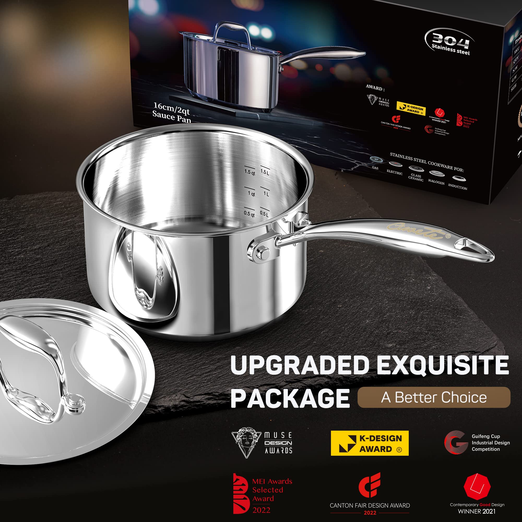 Ciwete 2 Quart Sauce Pan with Lid, Tri Ply Stainless Steel Saucepan 2 Qt with Stainless Steel Lid, 2 Measuring Lines, Upgraded Packaging, Cool Ergonomic Handle, Dishwasher & Oven Safe