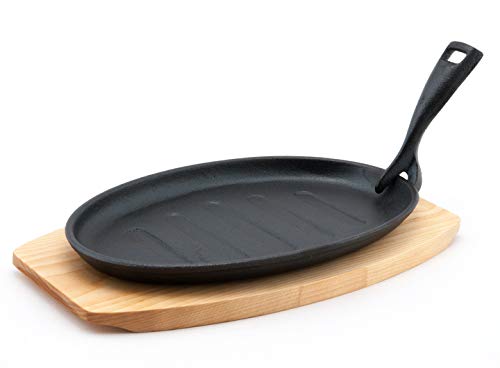 Fuji Merchandise Oval Shape Cast Iron Steak Plate Sizzle Griddle with Wooden Base Steak Pan Grill Fajita Server Plate Home or Restaurant