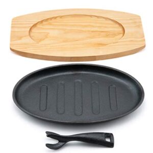 Fuji Merchandise Oval Shape Cast Iron Steak Plate Sizzle Griddle with Wooden Base Steak Pan Grill Fajita Server Plate Home or Restaurant