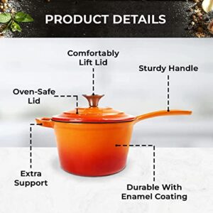 Healthy Choices 1 Qt Small Enameled Cast Iron Sauce Pan with Lid, Mini Enamel Sauce Pot, Single Serving Pasta Sauce, Gravy, Puddings & 2-4 Eggs, Butter Warmer, All Cooktops - 500°F, Dishwasher Orange