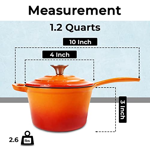 Healthy Choices 1 Qt Small Enameled Cast Iron Sauce Pan with Lid, Mini Enamel Sauce Pot, Single Serving Pasta Sauce, Gravy, Puddings & 2-4 Eggs, Butter Warmer, All Cooktops - 500°F, Dishwasher Orange