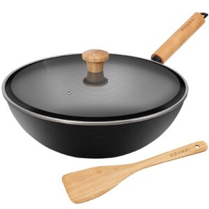 carbon steel wok pot with lid, nonstick stir frying pan with flat bottom for braising and deep frying, pre-seasoned chinese cooking pan suitable for electric, induction & gas stoves(32cm/12.6")