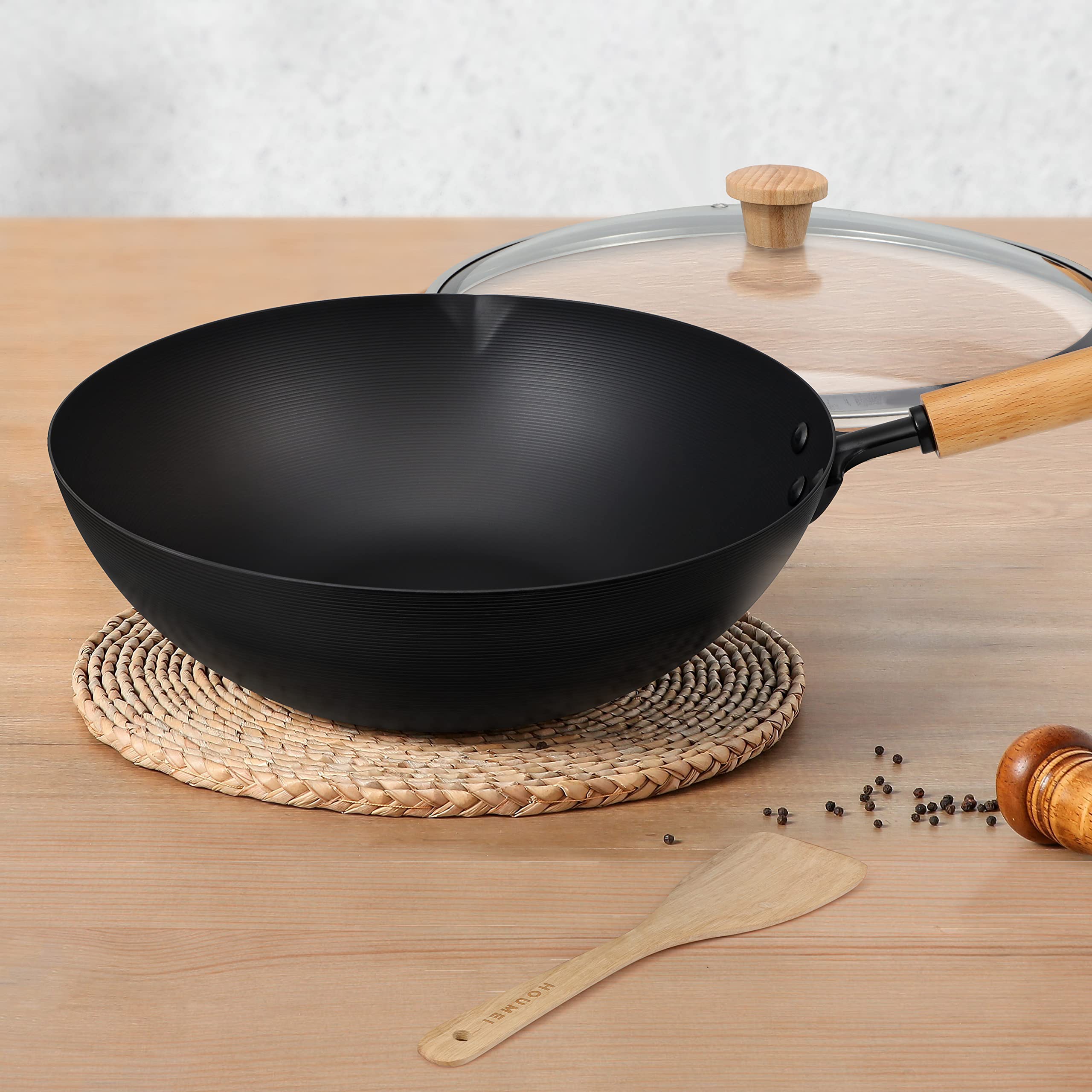 Carbon Steel Wok Pot with Lid, Nonstick Stir Frying Pan with Flat Bottom for Braising and Deep Frying, Pre-Seasoned Chinese Cooking Pan Suitable for Electric, Induction & Gas Stoves(32cm/12.6")