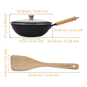 Carbon Steel Wok Pot with Lid, Nonstick Stir Frying Pan with Flat Bottom for Braising and Deep Frying, Pre-Seasoned Chinese Cooking Pan Suitable for Electric, Induction & Gas Stoves(32cm/12.6")