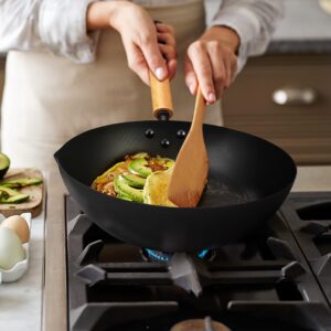 Carbon Steel Wok Pot with Lid, Nonstick Stir Frying Pan with Flat Bottom for Braising and Deep Frying, Pre-Seasoned Chinese Cooking Pan Suitable for Electric, Induction & Gas Stoves(32cm/12.6")