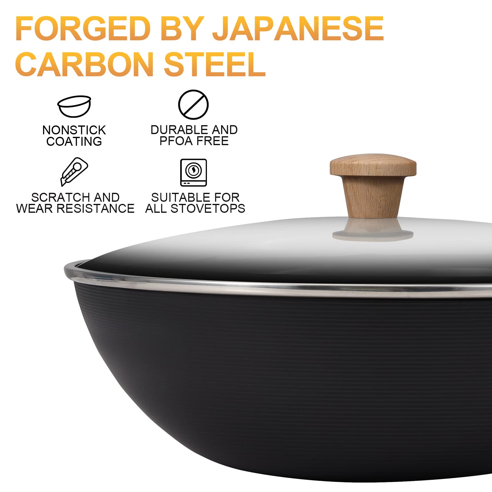 Carbon Steel Wok Pot with Lid, Nonstick Stir Frying Pan with Flat Bottom for Braising and Deep Frying, Pre-Seasoned Chinese Cooking Pan Suitable for Electric, Induction & Gas Stoves(32cm/12.6")