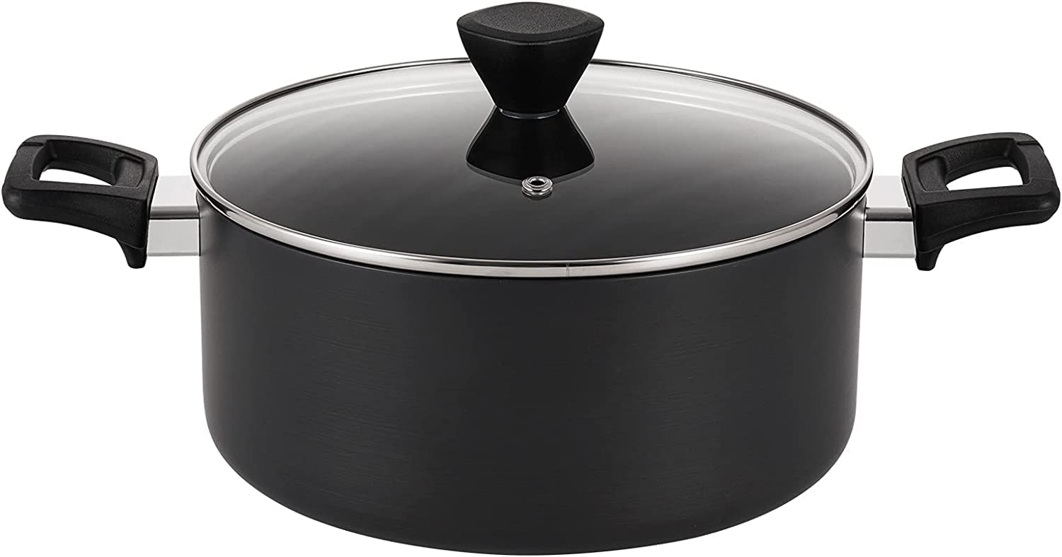 QStar 5 qt Hard-Aluminum Nonstick Stock Pot with Glass Lid and Stay Cool Handle (5.0 qt black)