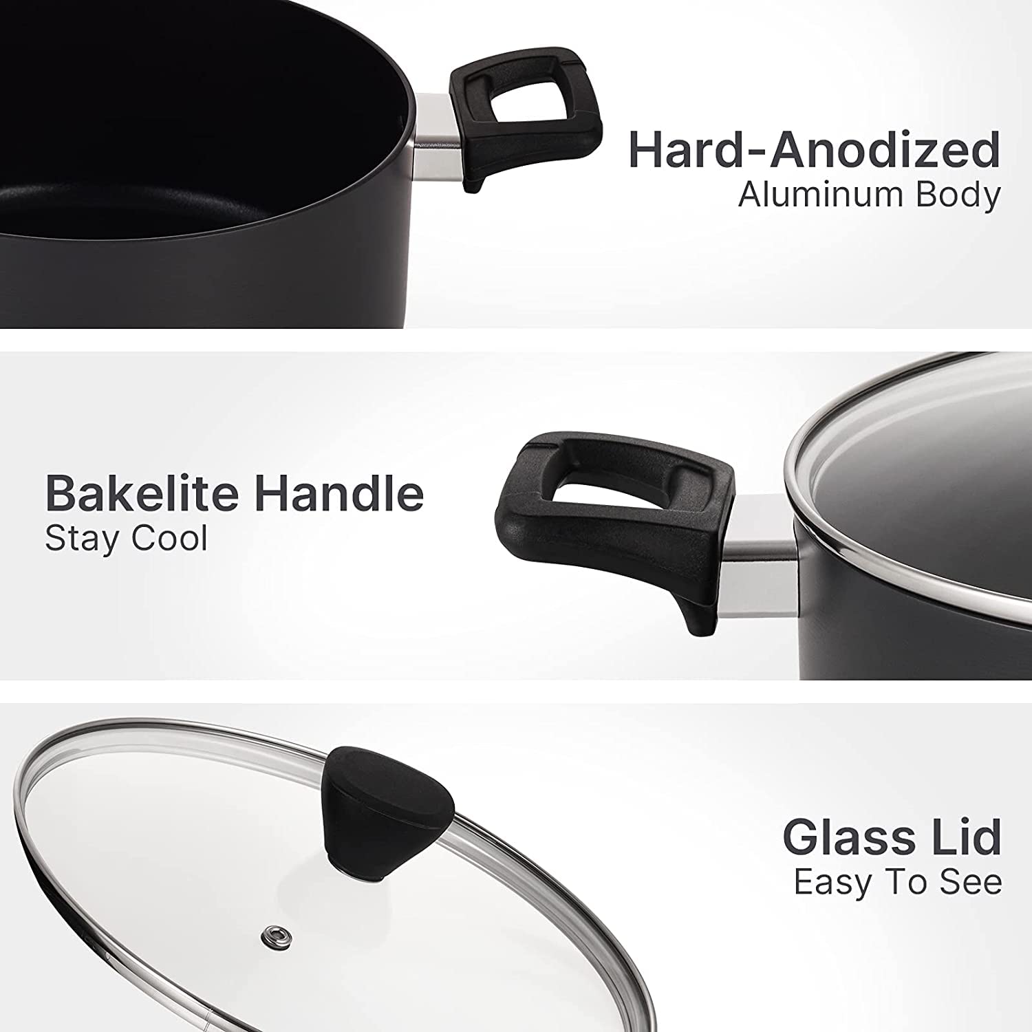 QStar 5 qt Hard-Aluminum Nonstick Stock Pot with Glass Lid and Stay Cool Handle (5.0 qt black)