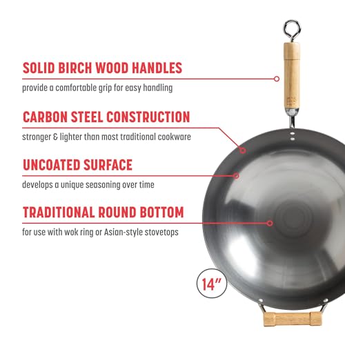JOYCE CHEN Classic Series 14-Inch Round Bottom Carbon Steel Wok with Birch Handles