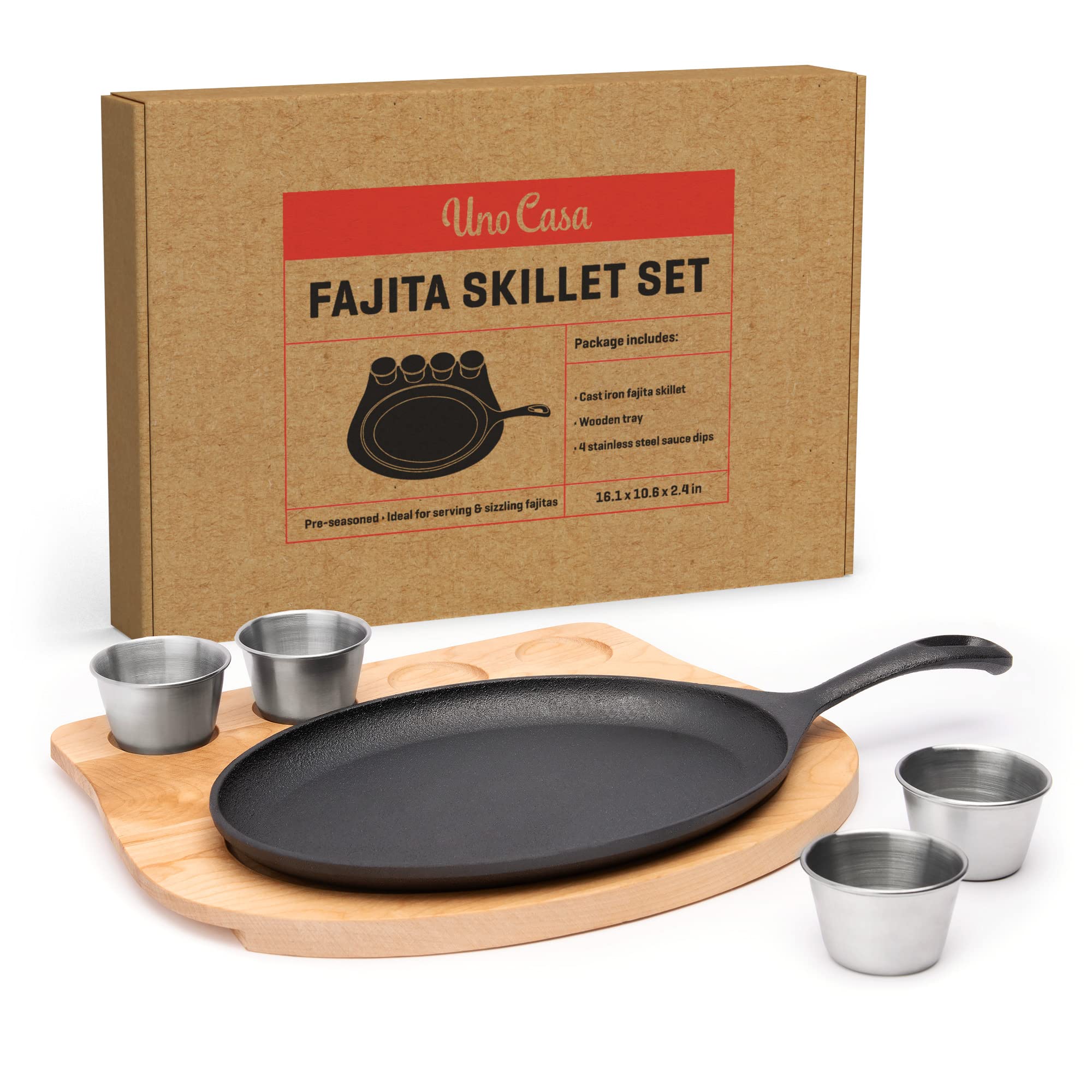 Uno Casa Cast Iron Fajita Skillet Set - 9.8x7.3 Inch Pre-Seasoned Sizzling Plate with Wooden Base, Induction Fajita Steak Plate, Cast Iron Plate - 4 Stainless Steel Sauce Dips Included