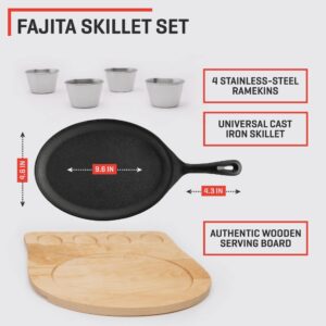 Uno Casa Cast Iron Fajita Skillet Set - 9.8x7.3 Inch Pre-Seasoned Sizzling Plate with Wooden Base, Induction Fajita Steak Plate, Cast Iron Plate - 4 Stainless Steel Sauce Dips Included