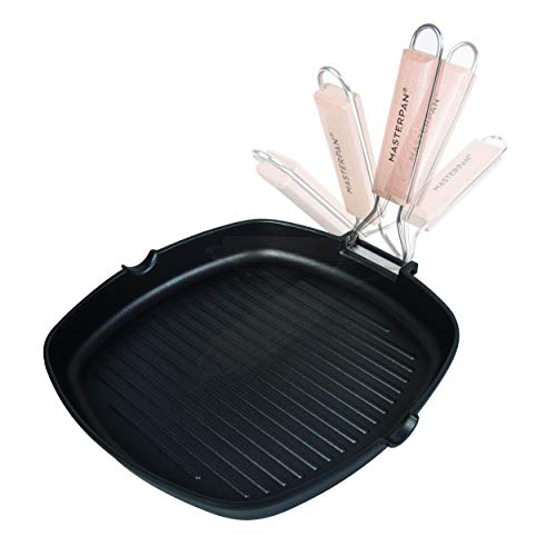 MasterPan Non-Stick Grill Pan Wooden, 11", Folding Handles