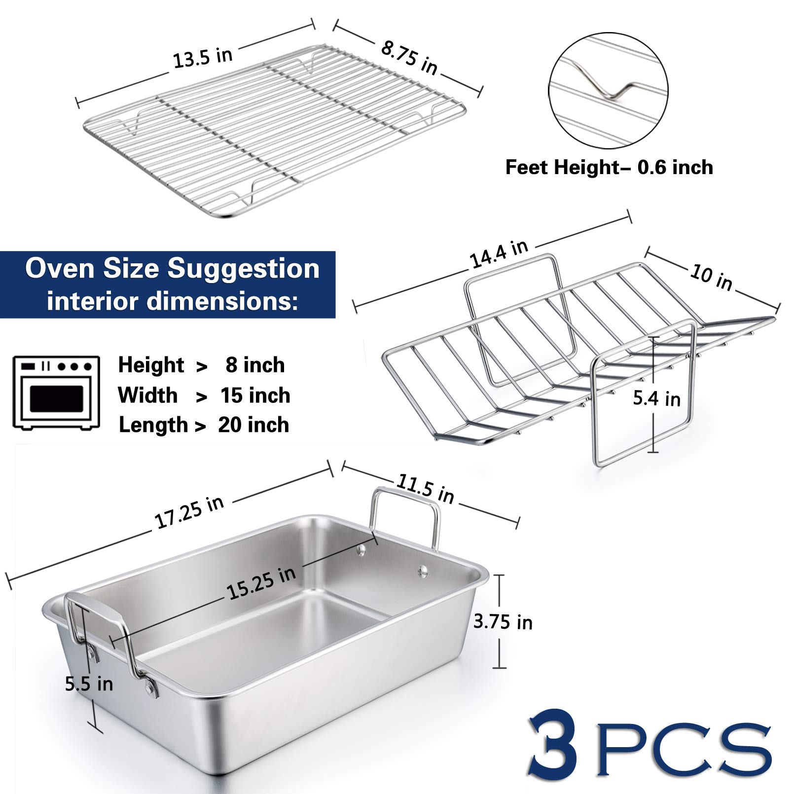 16” Roaster Roasting Pan with Baking Rack and V-shaped Rack, P&P CHEF Stainless Steel Rectangular Lasagna Pan with Handles for Turkey Chicken, Heavy Duty & Healthy & Dishwasher Safe, 3 Pieces