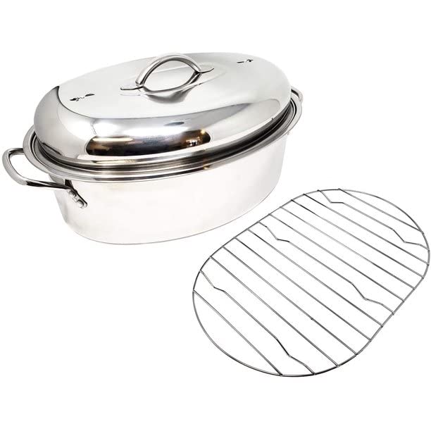 Stainless Steel Turkey Roaster with Lid and Rack, Oval Roasting Pan Rack and Lid - Large Covered Turkey Roasting Pan with Top - Stainless Steel Oval Roaster Pan with Top - High Dome Roaster