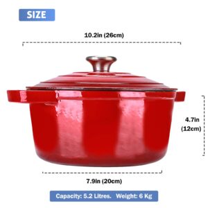 Puricon 5.5 Quart Enameled Cast Iron Dutch Oven with Lid, 5.5 QT Deep Round Dutch Oven Pot with Dual Handles -Red