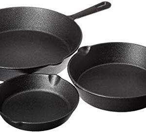 Jim Beam HEA Set of 3 Pre Seasoned Cast Iron Skillets with Even Distribution and Heat Retention-6" 8" 10", 10'', Black