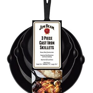 Jim Beam HEA Set of 3 Pre Seasoned Cast Iron Skillets with Even Distribution and Heat Retention-6" 8" 10", 10'', Black