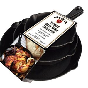 Jim Beam HEA Set of 3 Pre Seasoned Cast Iron Skillets with Even Distribution and Heat Retention-6" 8" 10", 10'', Black