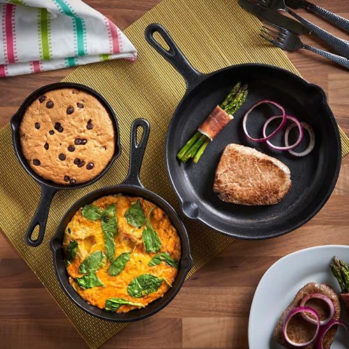 Jim Beam HEA Set of 3 Pre Seasoned Cast Iron Skillets with Even Distribution and Heat Retention-6" 8" 10", 10'', Black