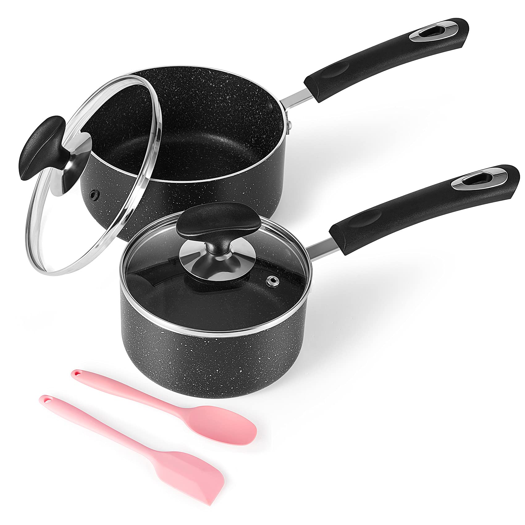 HooJay Nonstick Saucepan Set with Lid, Non Stick 1Qt & 2Qt Sauce Pan Set with Glass Lid Small Pot for Home Kitchen,Black