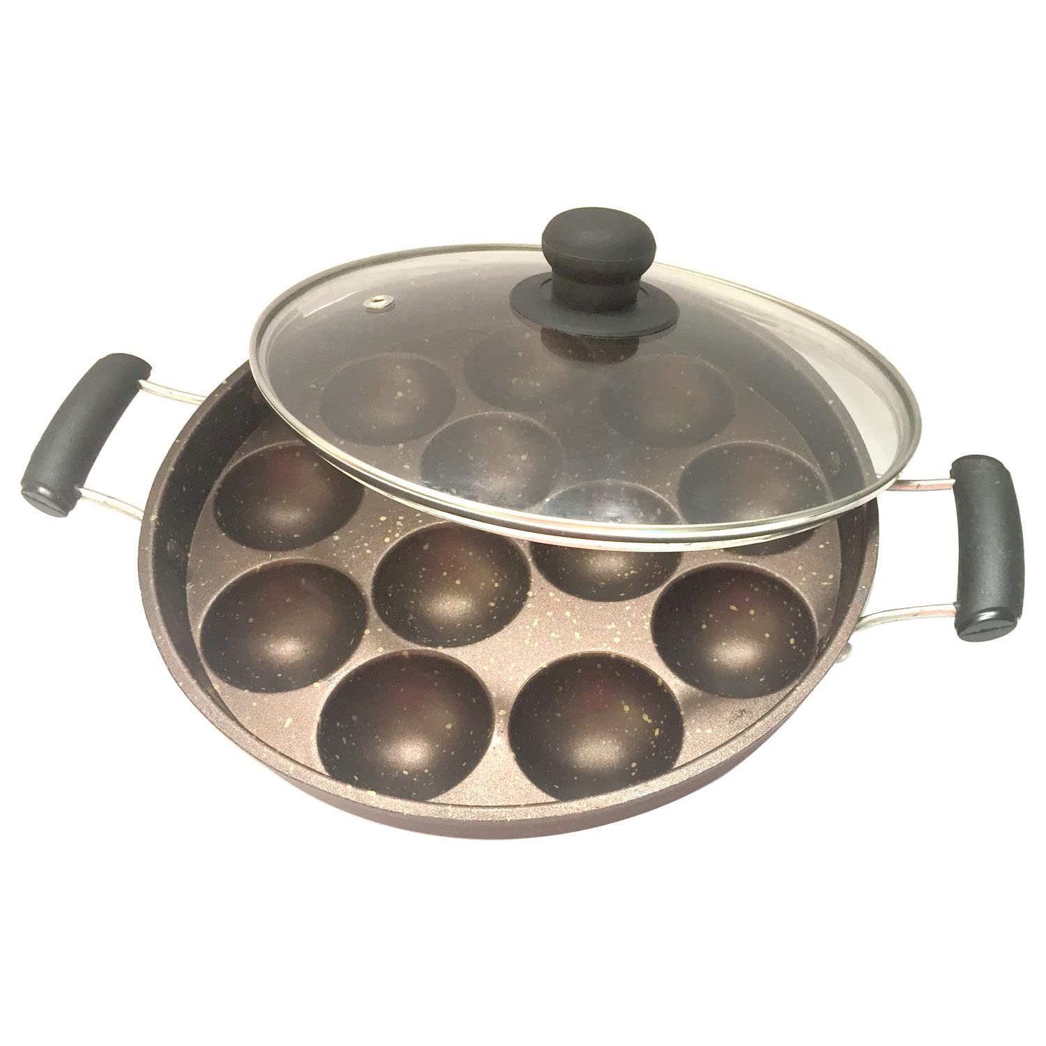 Appam Patra Non-Stick Appam Pan Maker 2 Side Handle with Glass Lid Paniyaram Gas stove Compatible Appachetty Paniyaral Pan