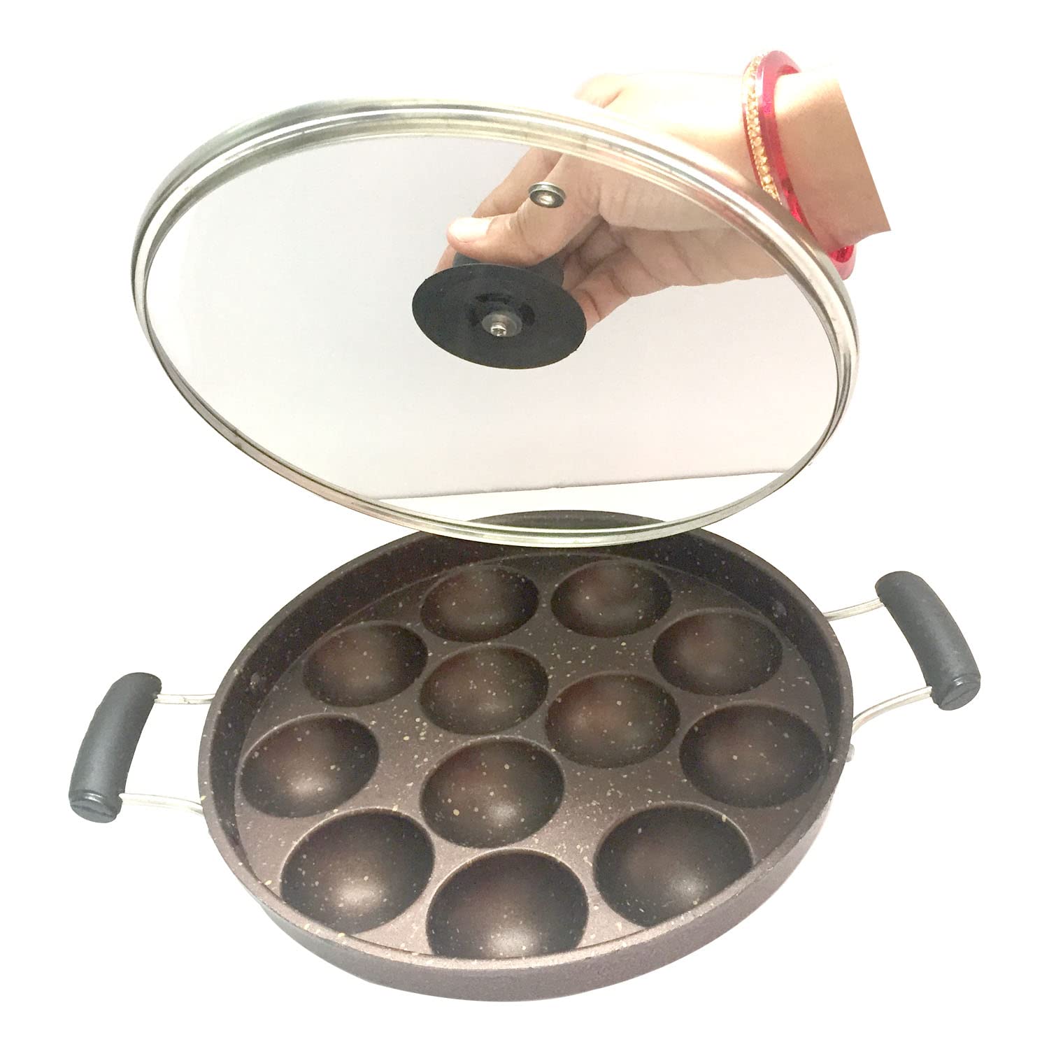 Appam Patra Non-Stick Appam Pan Maker 2 Side Handle with Glass Lid Paniyaram Gas stove Compatible Appachetty Paniyaral Pan