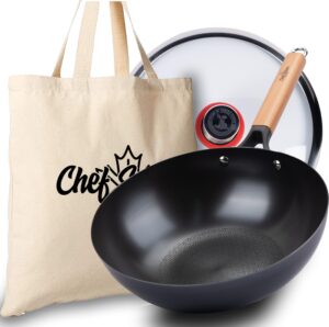 chefseason carbon steel wok, 12.6" round bottom wok pan for stir-frying, large uncoated nonstick chinese wok, pre-seasoned deep pow wok for gas cooktops, free shopping bag