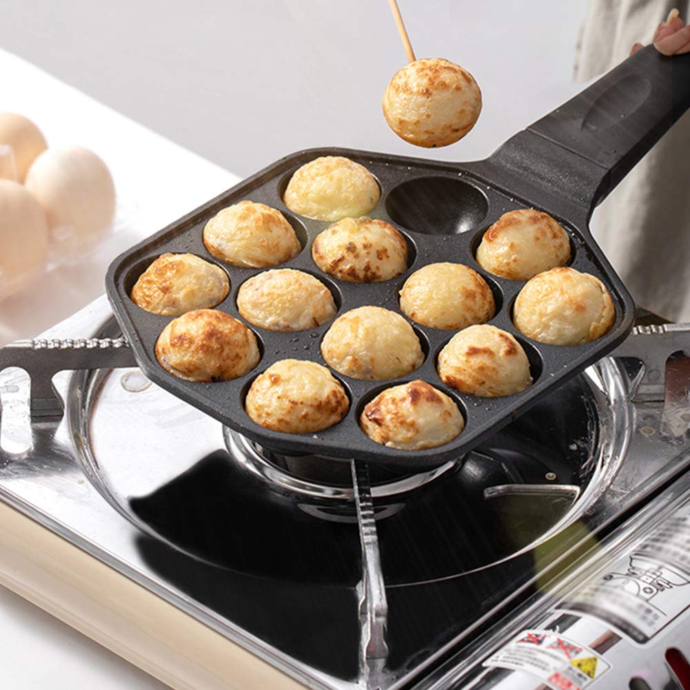 Takoyaki Grill Pan,14 Holes Nonstick Takoyaki Grill Pan Cooking Baking Mold Tool for Making Poffertjes Pancake Balls,Thai Kanom Krok and Other Small Desserts,1.57" Hole Diameter